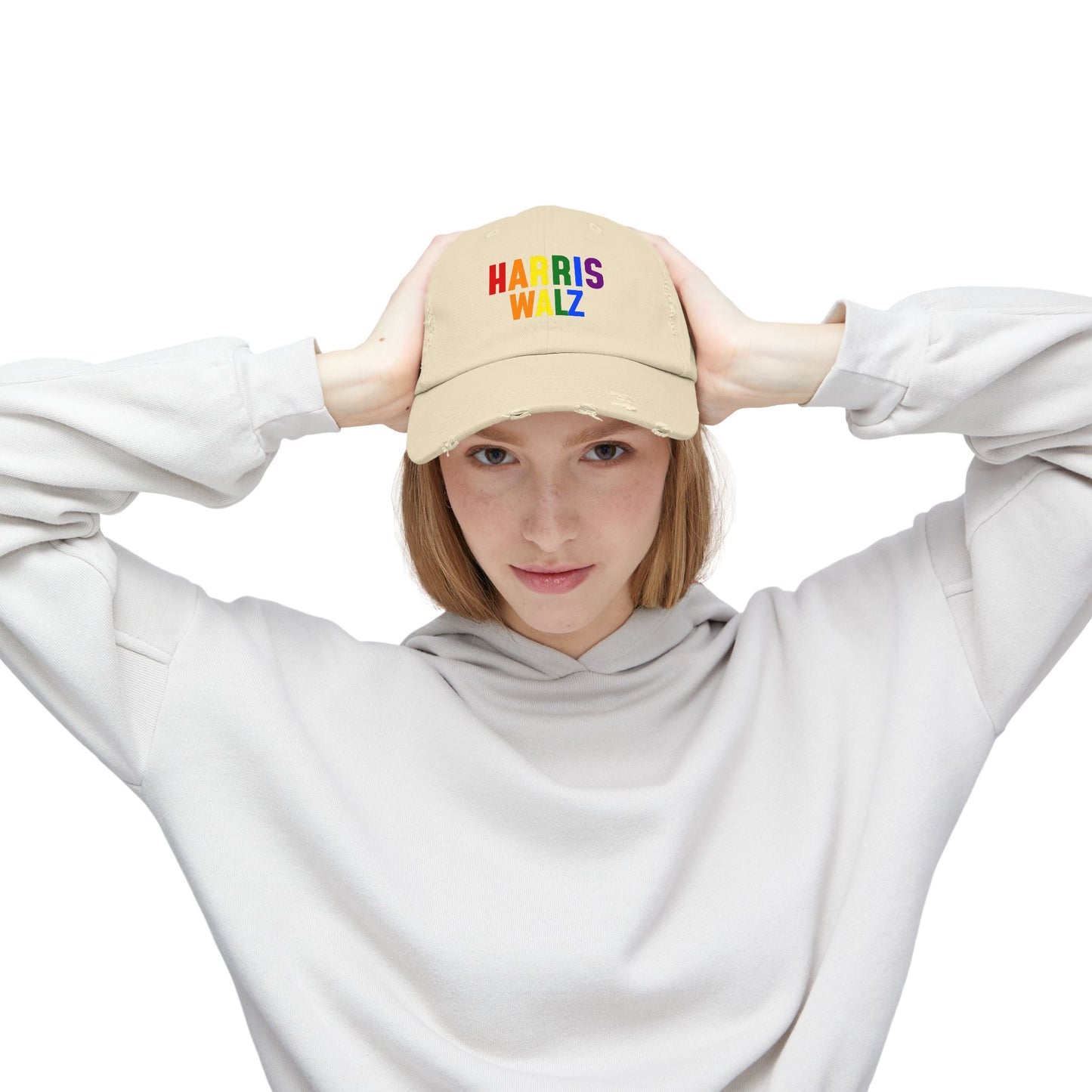 Harris-Walz Distressed Cap (rainbow text)
