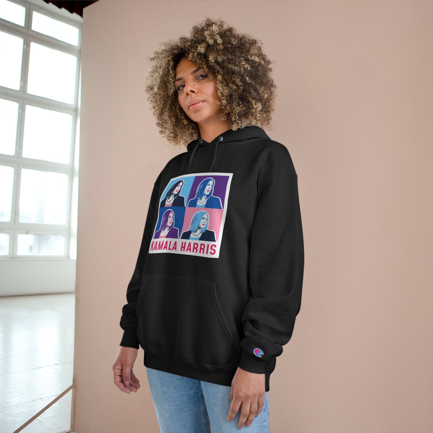 Pop Art Kamala Champion Hoodie (pink text)