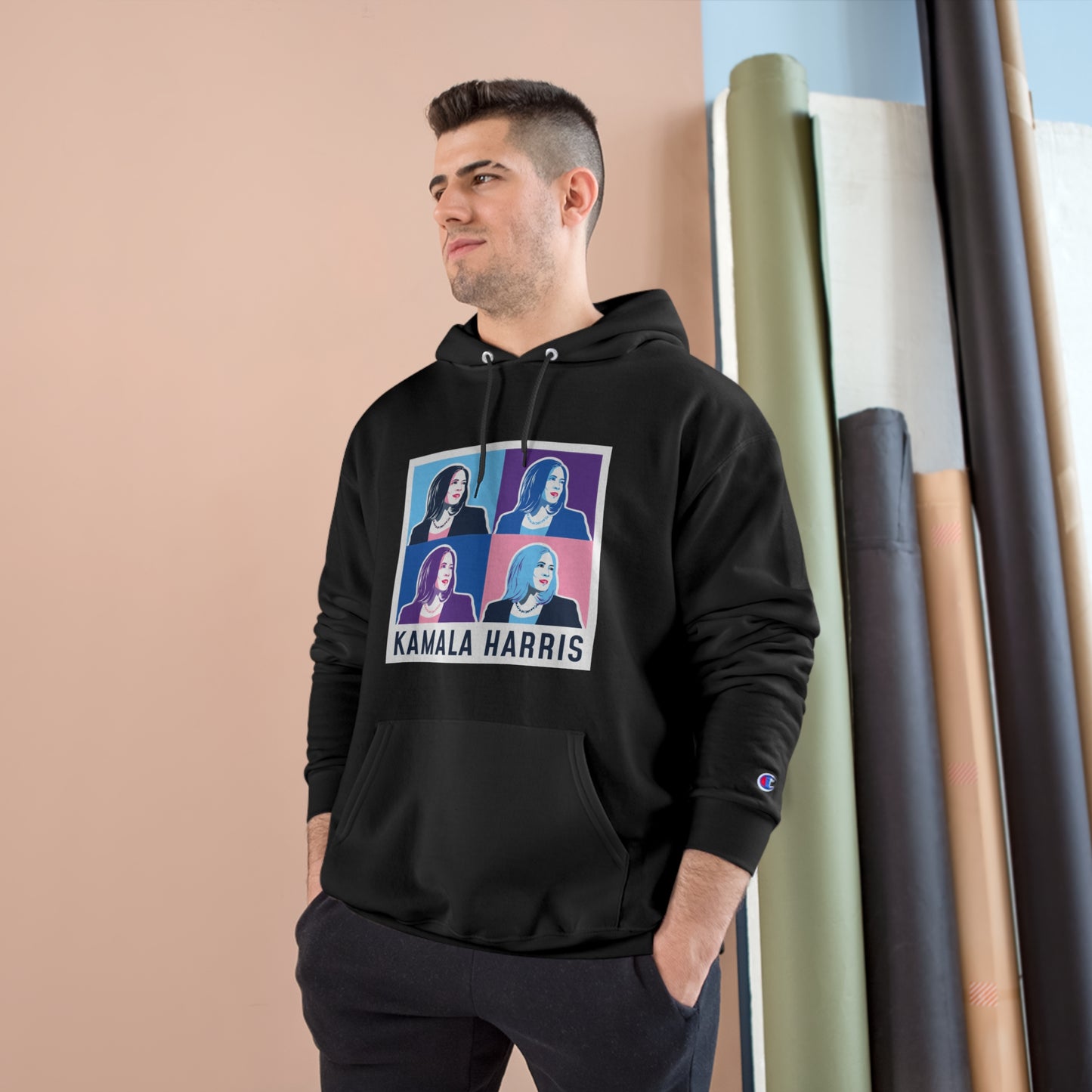 Pop Art Kamala Champion Hoodie (navy text)