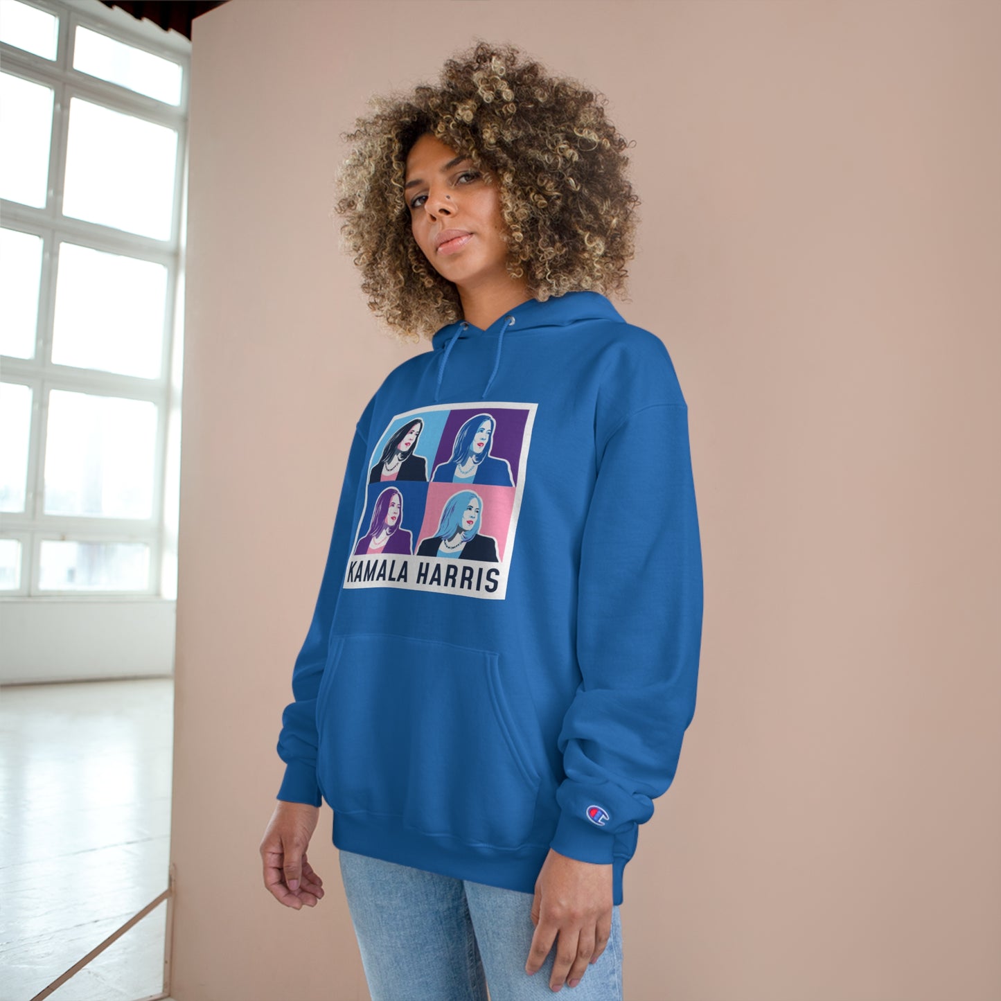 Pop Art Kamala Champion Hoodie (navy text)