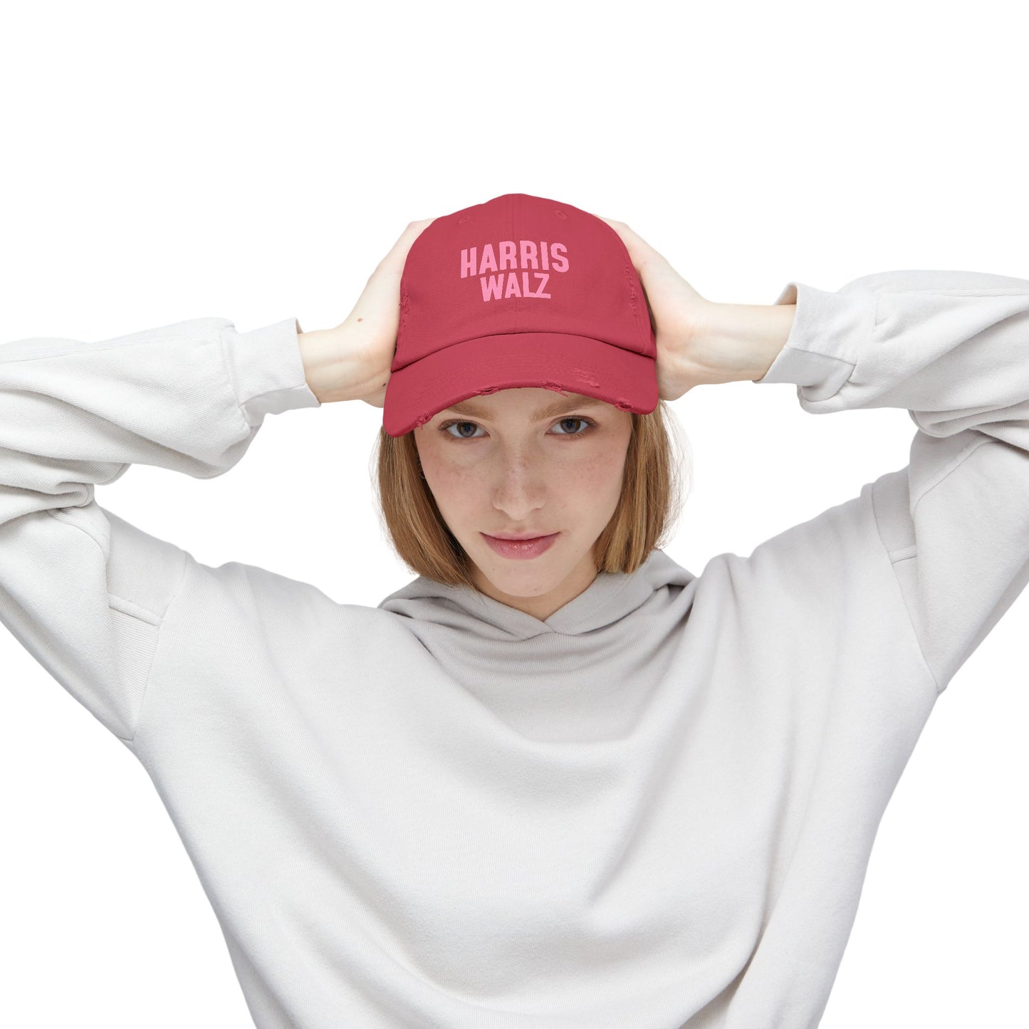 Harris-Walz Distressed Cap (pink text)