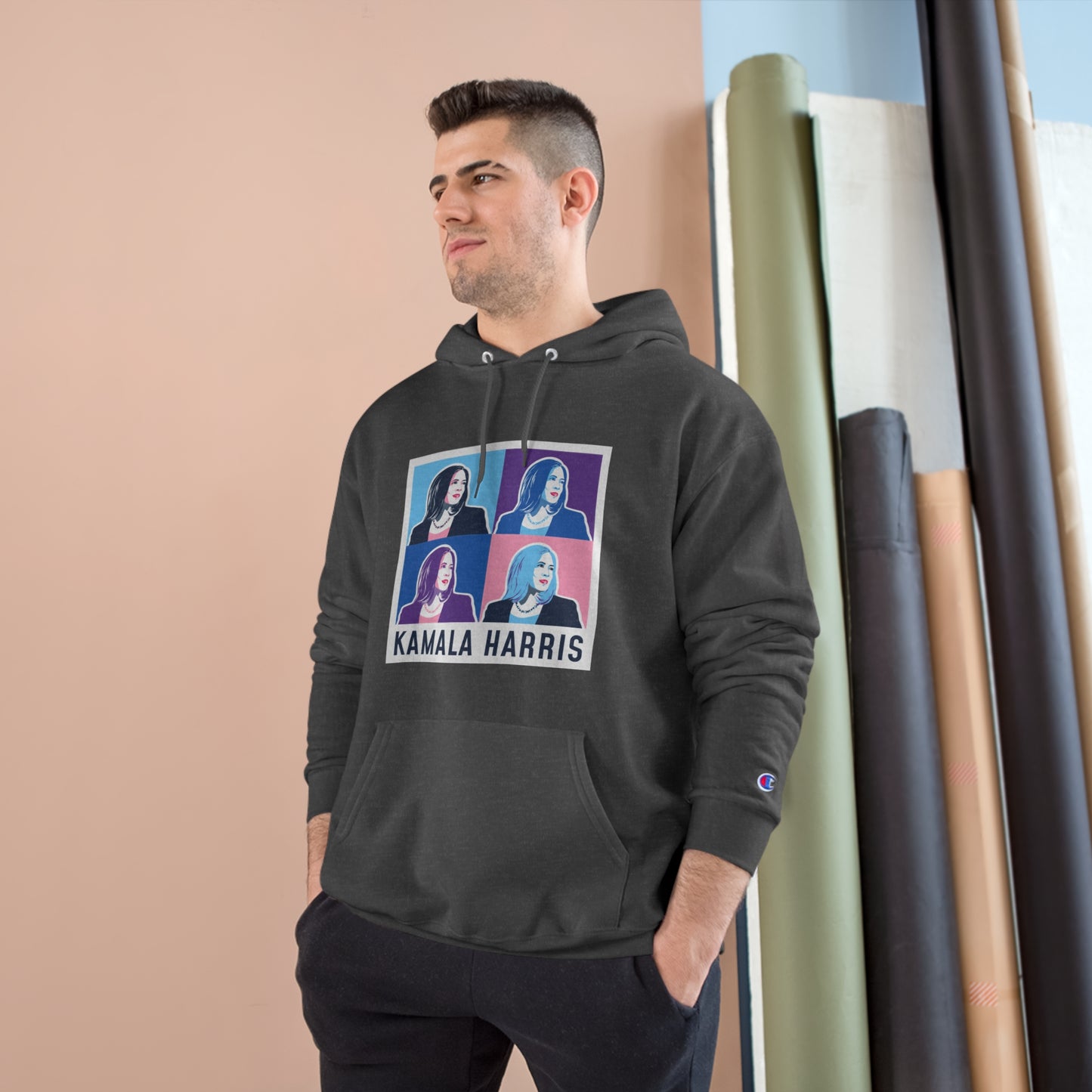 Pop Art Kamala Champion Hoodie (navy text)