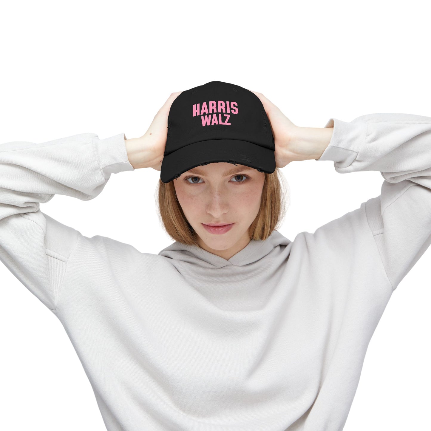 Harris-Walz Distressed Cap (pink text)