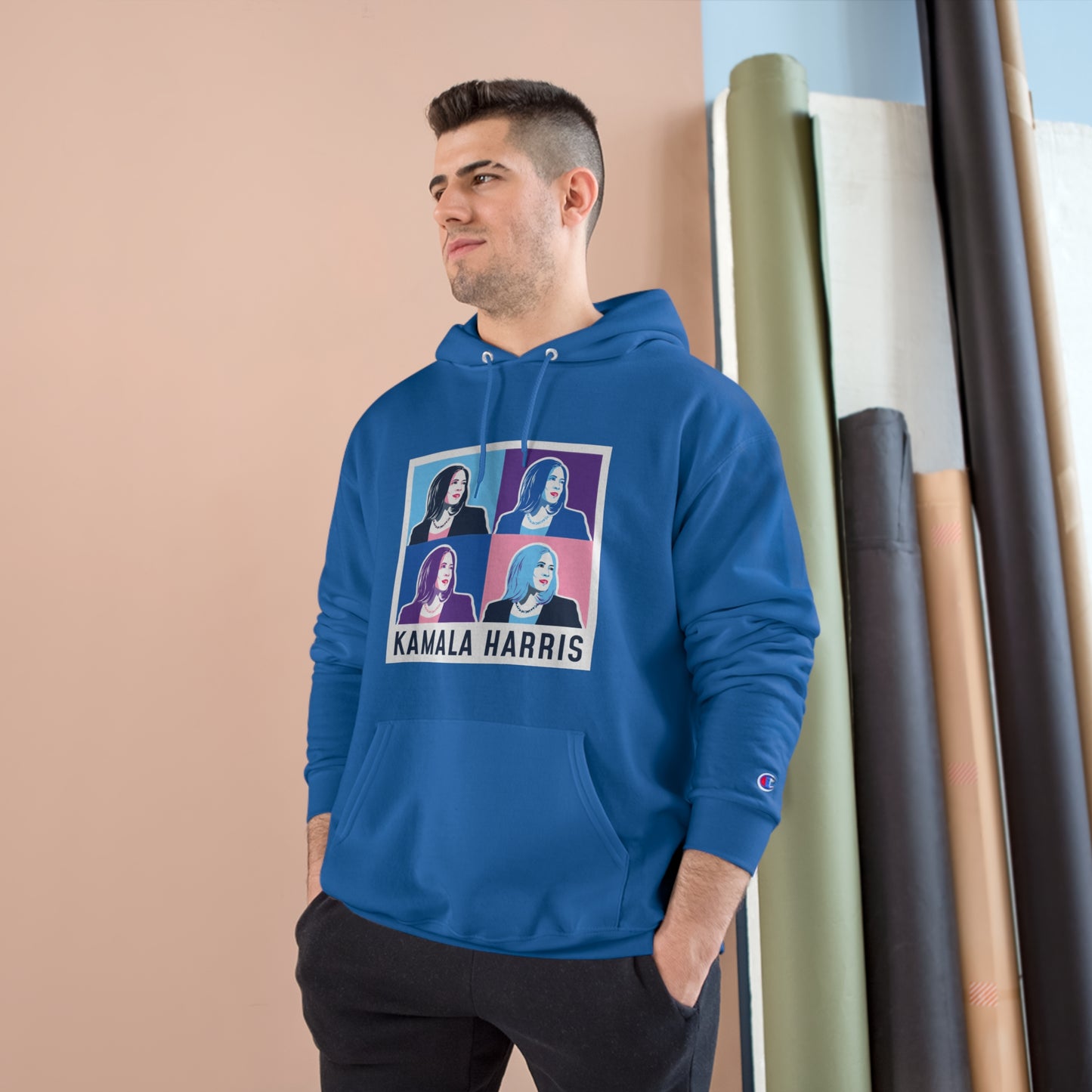 Pop Art Kamala Champion Hoodie (navy text)