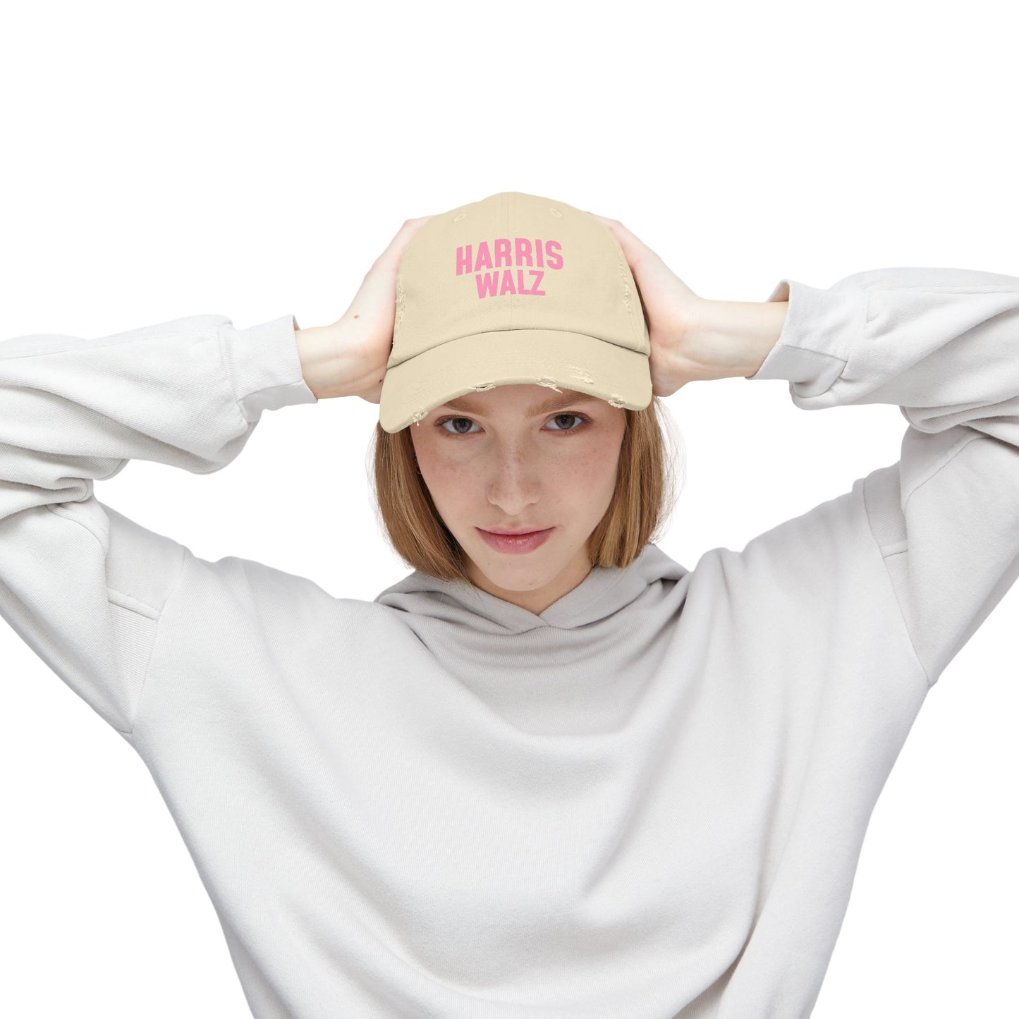 Harris-Walz Distressed Cap (pink text)