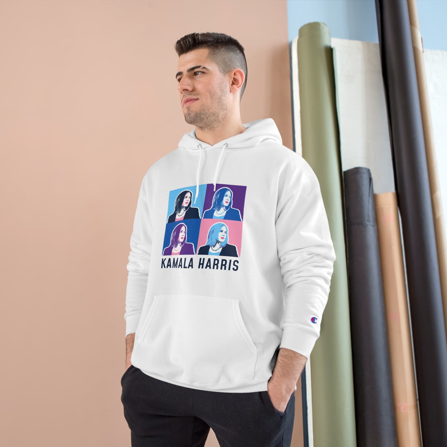 Pop Art Kamala Champion Hoodie (navy text)